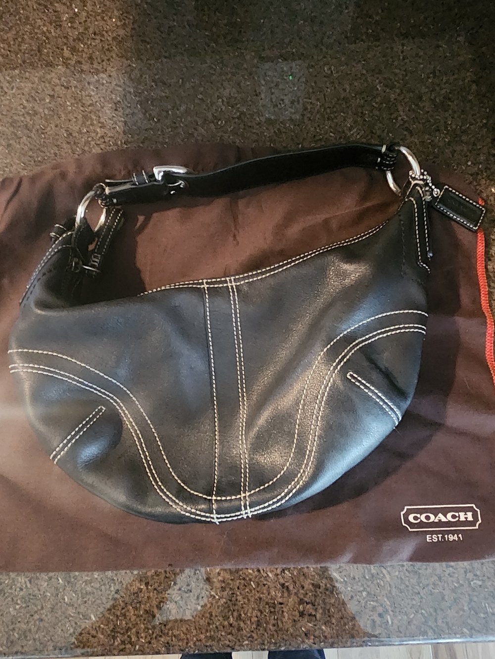 Coach Black Leather Hobo with White Contrast Stitching